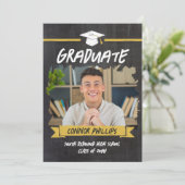Yellow Cool Chalkboard Afstuderen Foto Aankondiging (Staand voorkant)
