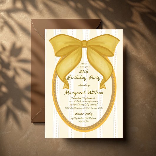 Yellow coquette retro stripes bow birthday party kaart