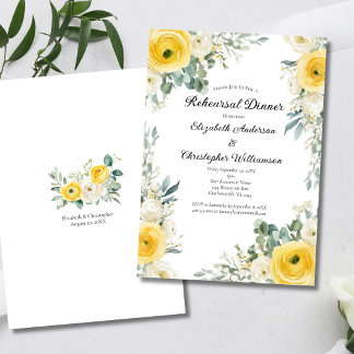 Yellow Cream Watercolor Florals Rehearsal Dinner Kaart