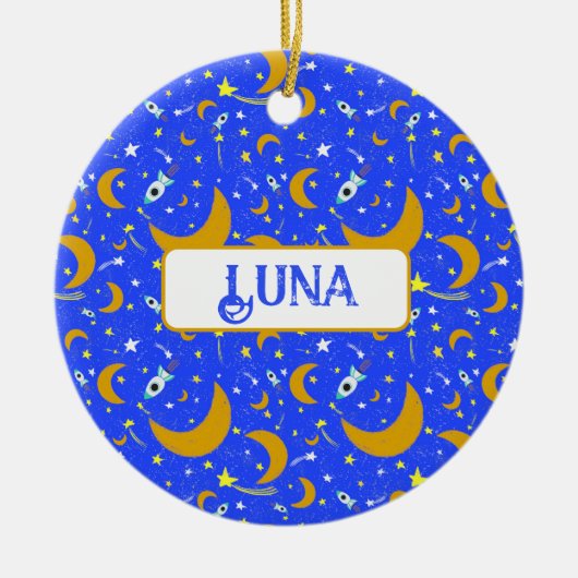 Yellow Crescent Moons schieten Star Space Raketten Keramisch Ornament (Voorkant)