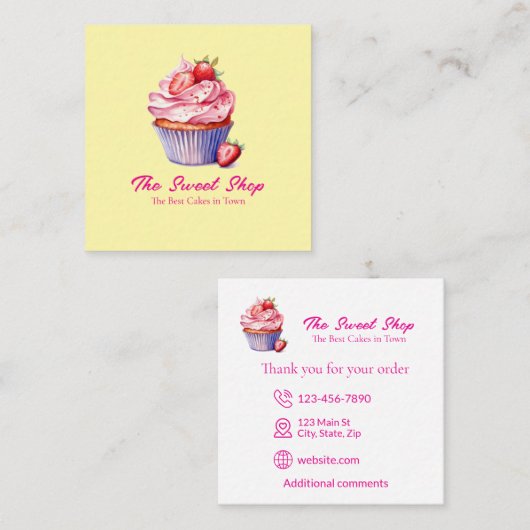 Yellow Cupcake Bakery Card | Editable Logo Vierkante Visitekaartje (Voorkant / Achterkant)