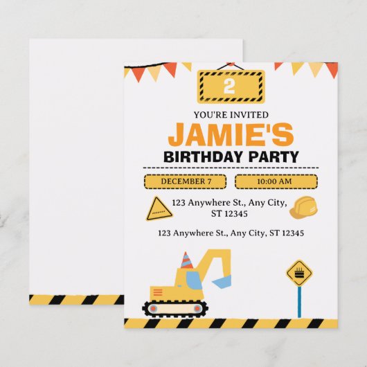 Yellow Cute Construction Truck Boys 2nd Birthday (Voorkant / Achterkant)