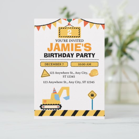 Yellow Cute Construction Truck Boys 2nd Birthday Bedankkaart (Staand voorkant)