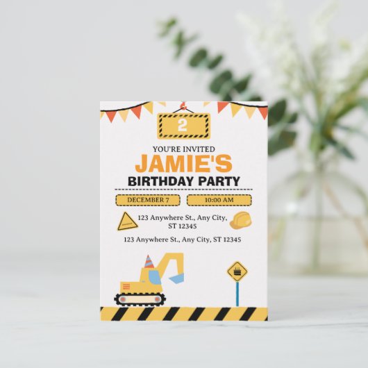 Yellow Cute Construction Truck Boys 2nd Birthday Briefkaart (Staand voorkant)