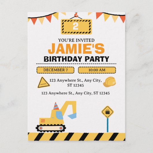 Yellow Cute Construction Truck Boys 2nd Birthday Briefkaart (Voorkant)