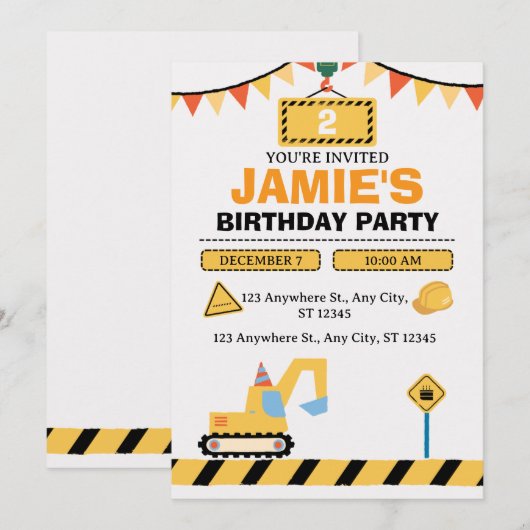 Yellow Cute Construction Truck Boys 2nd Birthday Kaart (Voorkant / Achterkant)