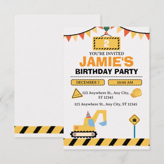 Yellow Cute Construction Truck Boys 2nd Birthday Kaart (Voorkant / Achterkant)