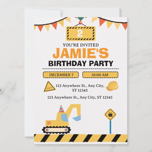 Yellow Cute Construction Truck Boys 2nd Birthday Save The Date (Voorkant)