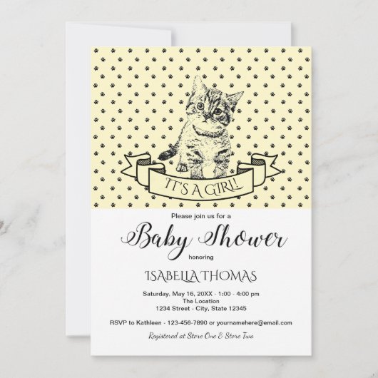 Yellow Cute Kitten Baby shower Invitation Kaart (Voorkant)
