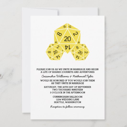 Yellow D20 Dice Wedding Invite Kaart (Voorkant)