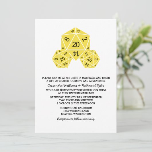 Yellow D20 Dice Wedding Invite Kaart (Staand voorkant)