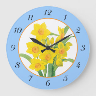 Yellow Daffodils on Blue Floral Wall Clock Grote Klok