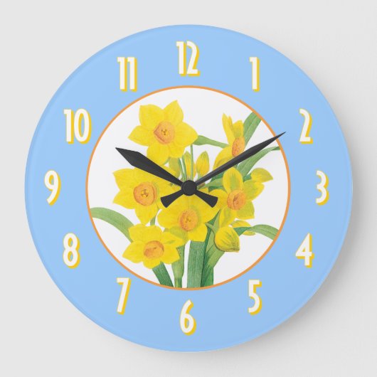 Yellow Daffodils on Blue Floral Wall Clock Grote Klok (Voorkant)
