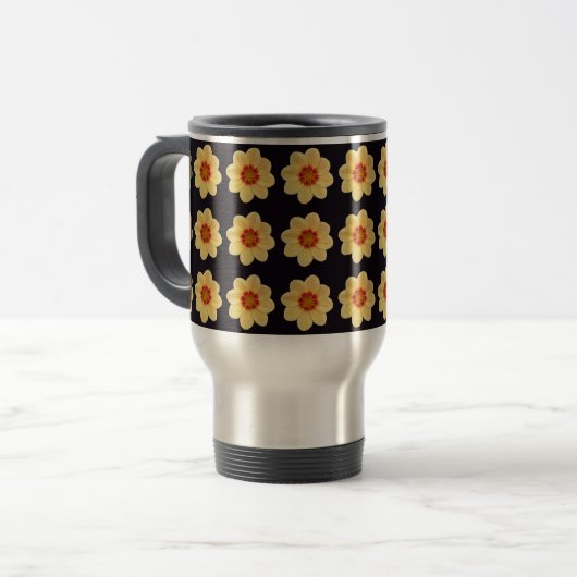 Yellow Dahlia Floral Pattern op Black Reisbeker (Voorkant links)