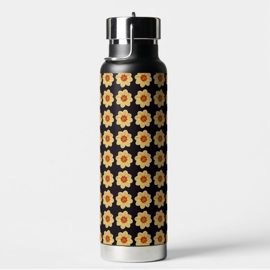 Yellow Dahlia Floral Pattern op Black Waterfles (Rechts)