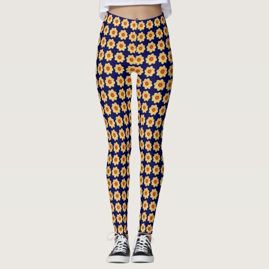 Yellow Dahlia Floral Pattern op Blue Leggings (Voorkant)