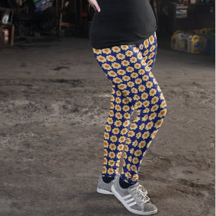Yellow Dahlia Floral Pattern op Blue Leggings