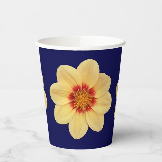 Yellow Dahlia Floral Pattern op Blue Papieren Bekers (Links)