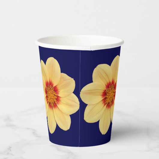 Yellow Dahlia Floral Pattern op Blue Papieren Bekers (Rechts)