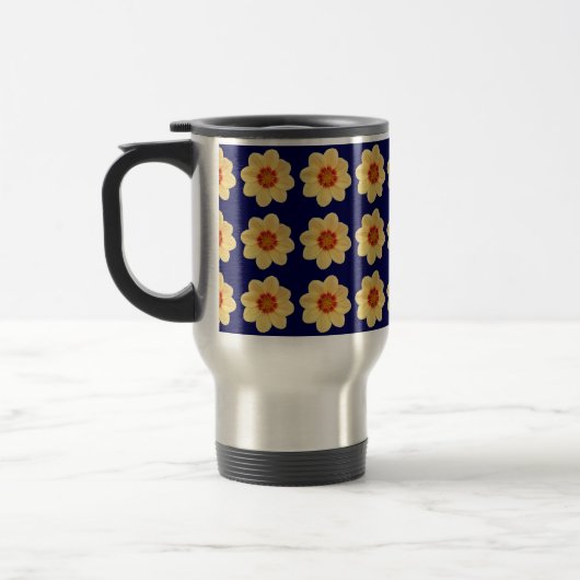Yellow Dahlia Floral Pattern op Blue Reisbeker (Links)