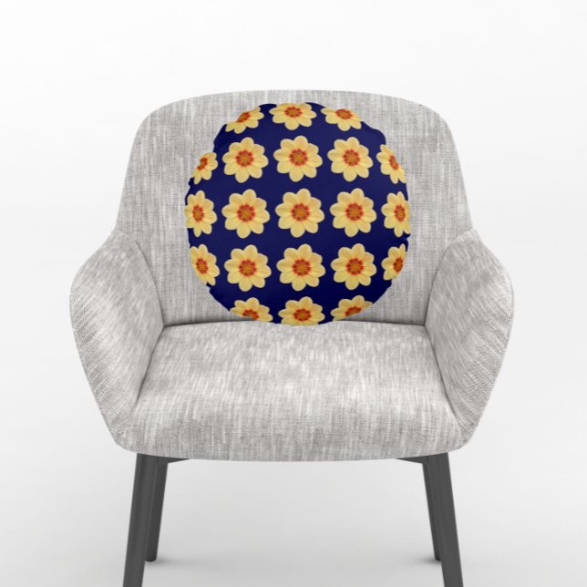 Yellow Dahlia Floral Pattern op Blue Rond Kussen (In Situ Chair)