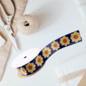 Yellow Dahlia Floral Pattern op Blue Satijnen Lint