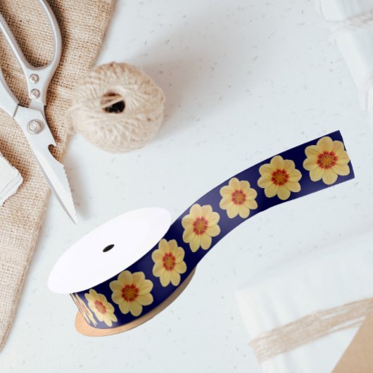 Yellow Dahlia Floral Pattern op Blue Satijnen Lint