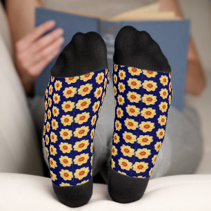 Yellow Dahlia Floral Pattern op Blue Sokken