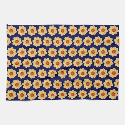 Yellow Dahlia Floral Pattern op Blue Theedoek (Horizontaal)