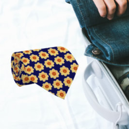 Yellow Dahlia Floral Pattern op Navy Blue Stropdas