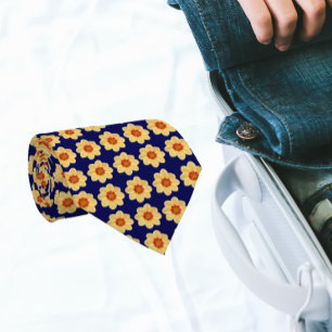 Yellow Dahlia Floral Pattern op Navy Blue Stropdas