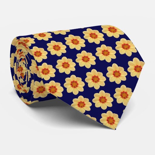 Yellow Dahlia Floral Pattern op Navy Blue Stropdas (Opgerold)