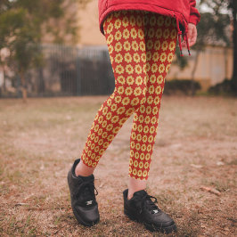 Yellow Dahlia Floral Pattern op Red Leggings