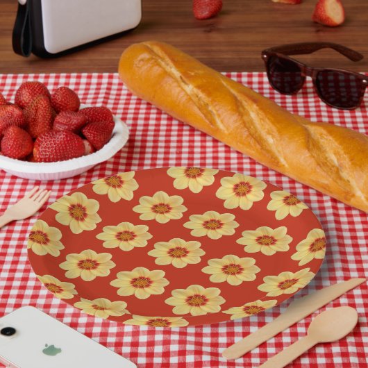 Yellow Dahlia Floral Pattern op Red Papieren Bordje (Picknick)