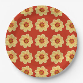 Yellow Dahlia Floral Pattern op Red Papieren Bordje