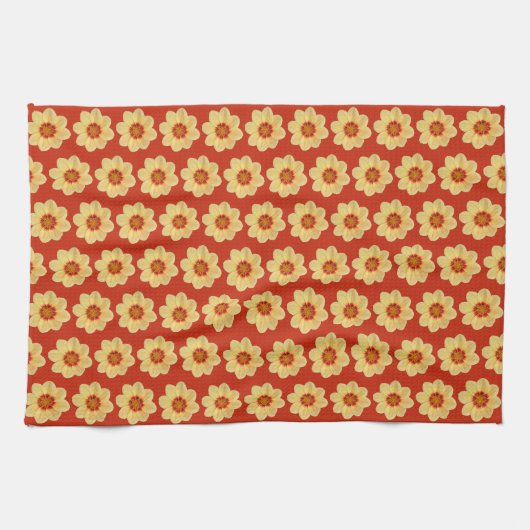 Yellow Dahlia Floral Pattern op Red Theedoek (Horizontaal)