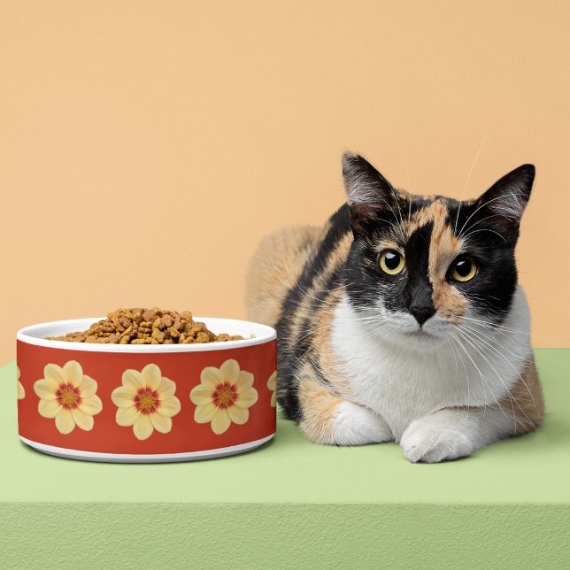 Yellow Dahlia Floral Pattern op Red Voerbakje (Creator heeft geüpload)