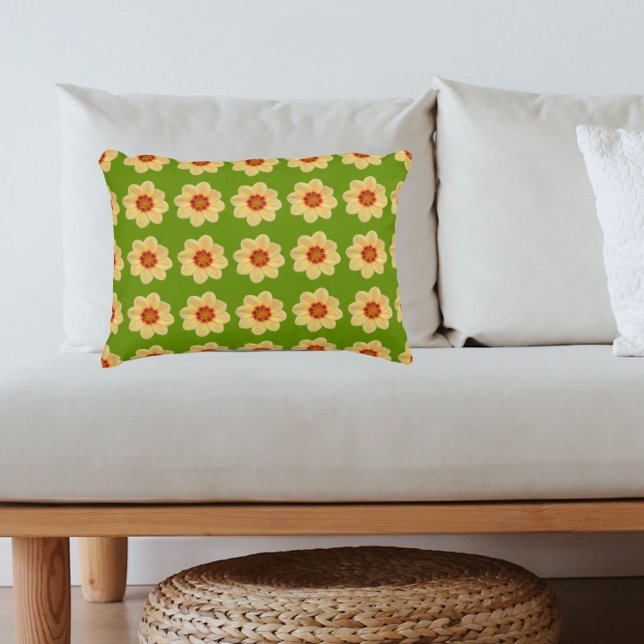 Yellow Dahlia Floral Pattern over Green Accent Kussen (In Situ)