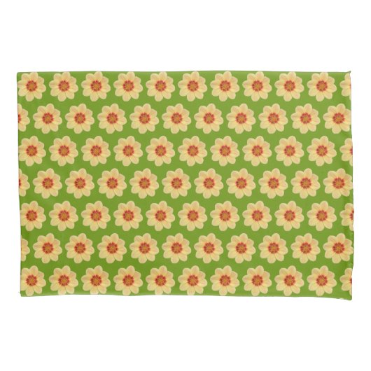 Yellow Dahlia Floral Pattern over Green Kussensloop (Voorkant-Links)