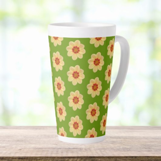 Yellow Dahlia Floral Pattern over Green Latte Mok