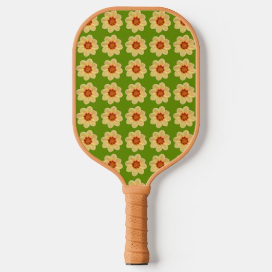 Yellow Dahlia Floral Pattern over Green Pickleball Paddle (Voorkant)