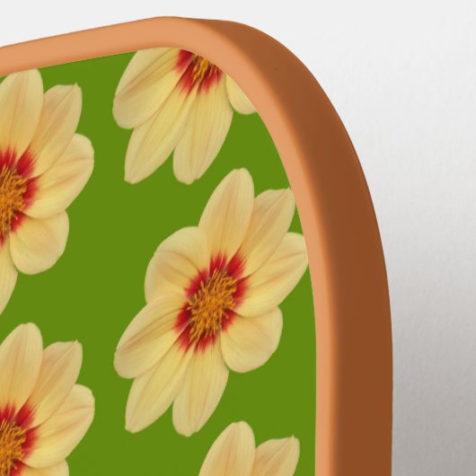 Yellow Dahlia Floral Pattern over Green Pickleball Paddle (Links Detail)