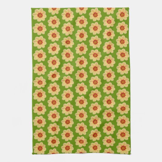 Yellow Dahlia Floral Pattern over Green Theedoek (Verticaal)