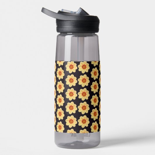 Yellow Dahlia Flower Pattern op Black Waterfles (Rechts)