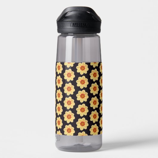 Yellow Dahlia Flower Pattern op Black Waterfles (Achterkant)