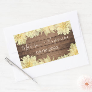 Yellow Dahlia Flower Rustic Wood Weduwdatum Rechthoekige Sticker