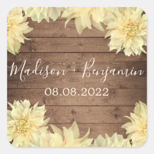Yellow Dahlia Flower Rustic Wood Weduwdatum Vierkante Sticker
