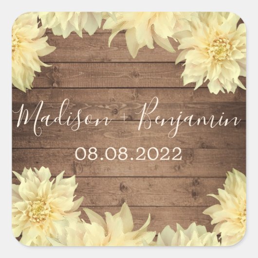 Yellow Dahlia Flower Rustic Wood Weduwdatum Vierkante Sticker (Voorkant)