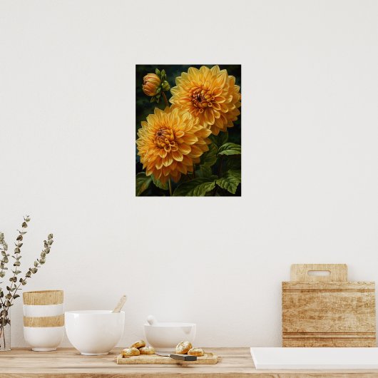 Yellow Dahlia Flowers Art Print Poster (Keuken)