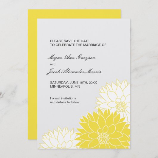 Yellow Dahlia op grijs Save The Date (Voorkant / Achterkant)